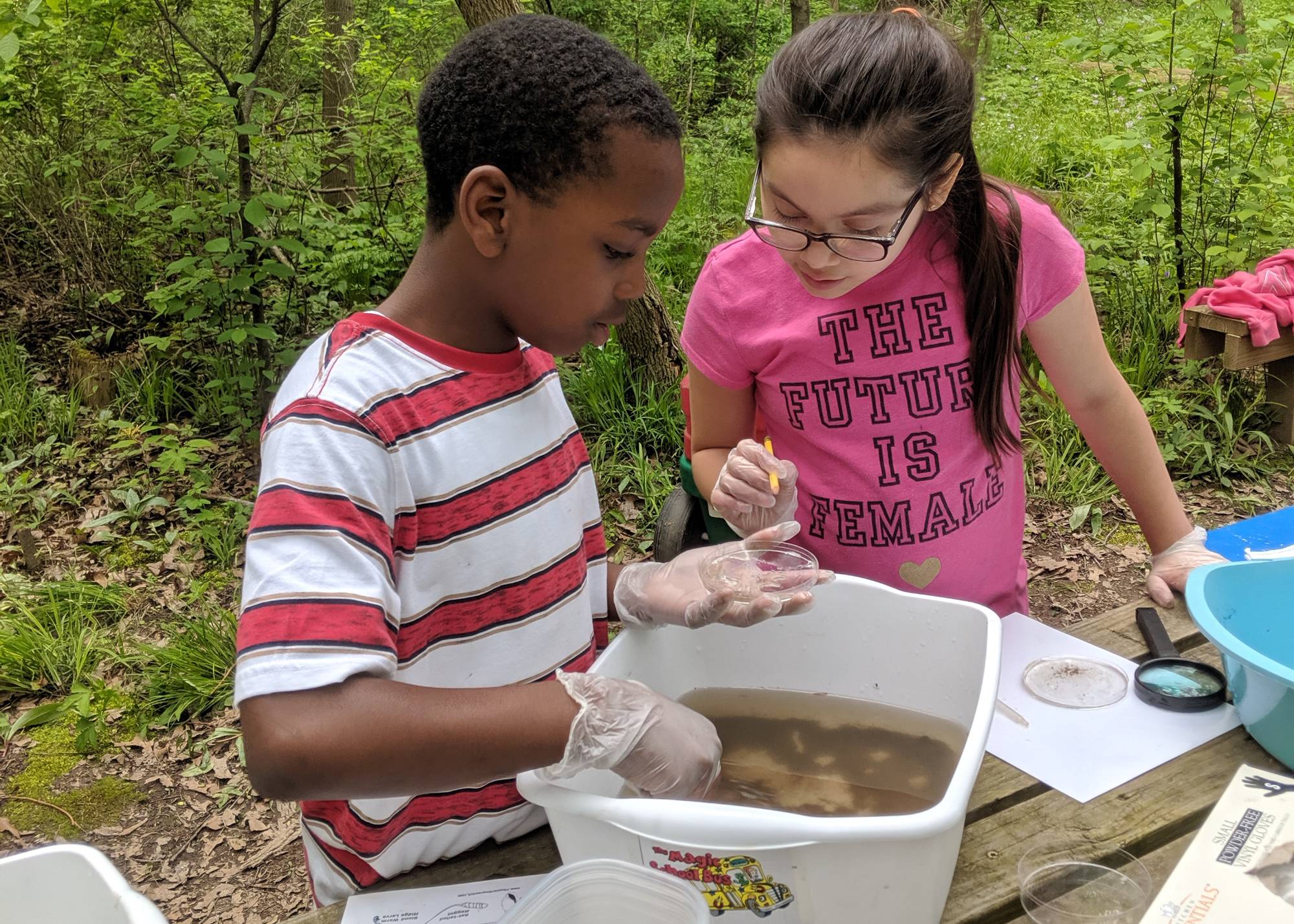 Students look at a bucket with water from a stream
